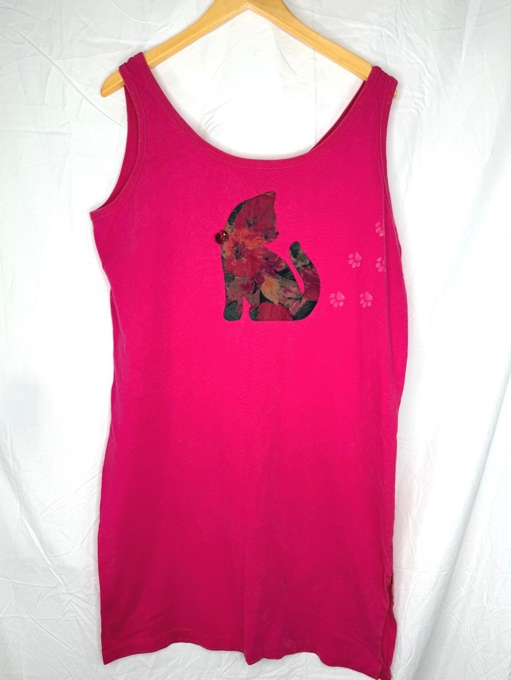 Pink Floral Cat & Pawprints Tank Dress Vintage 90s 100% Cotton One of a Kind